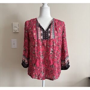 Garnet Hill Boho Border Print Blouse Womens Size 2 XS Tassel Beach Coastal Pink